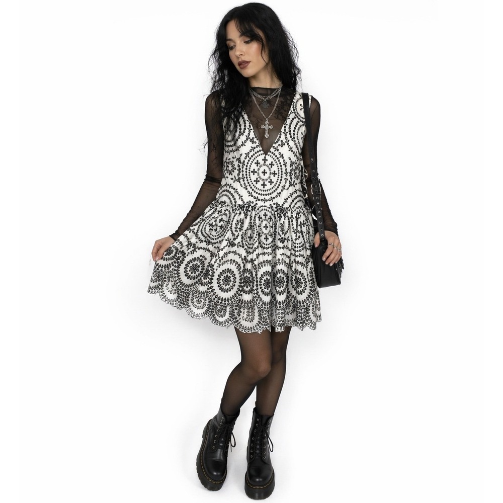 Express Size Small Black White Embroidered Cotton Dress Boho Goth